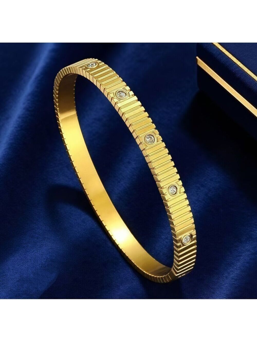 18K Gold Plated Stainless Steel Textured Bangle Bracelet with Zircon Accents
